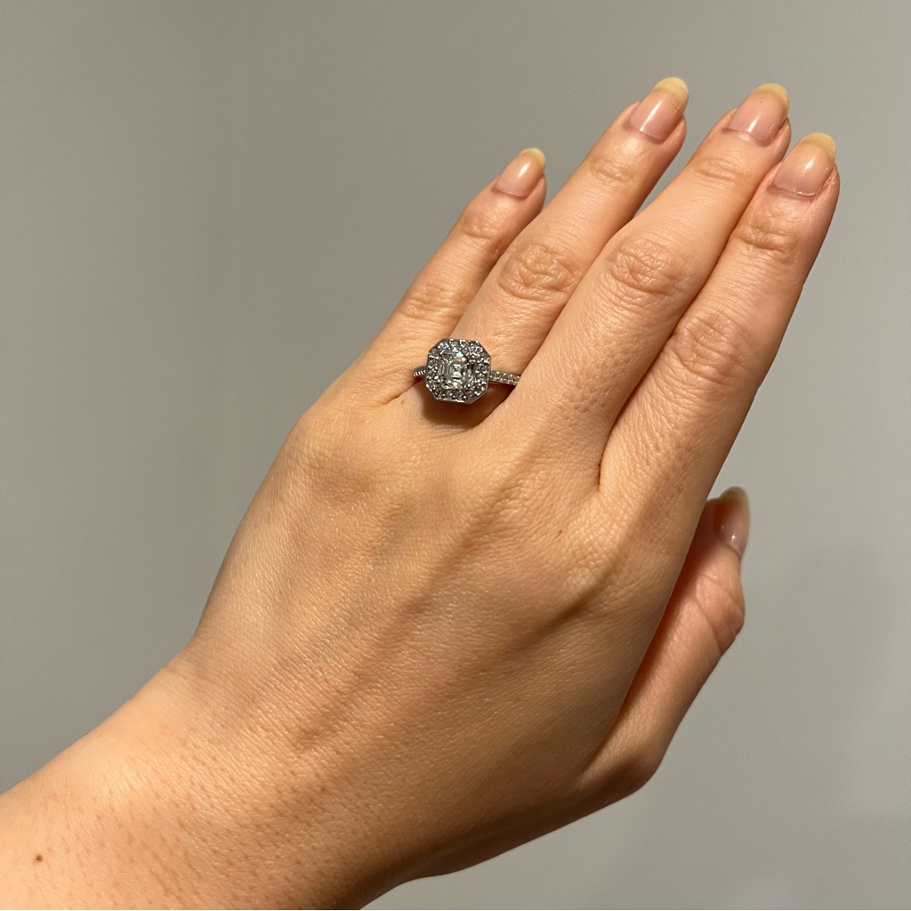 New Diamonique Sterling Silver Asscher Cut Halo Ring